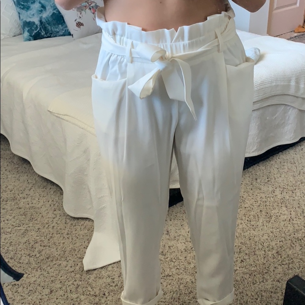 Zara Paper Bag waist white pants